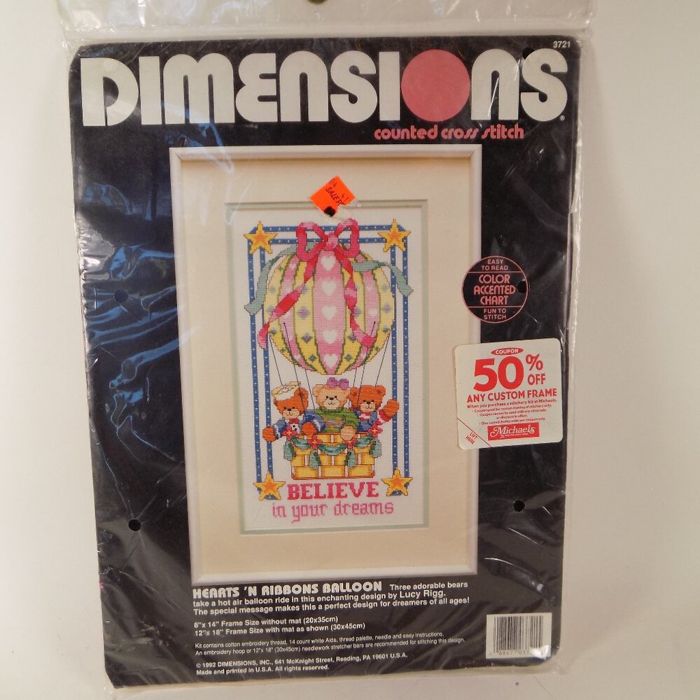 Unopened Vintage Dimensions Counted Cross Stitch Kit Hearts N Ribbons Balloon